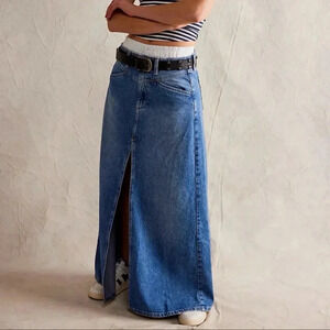 NWT Free People Come As You Are Denim Maxi Skirt Slit Sapphire Blue Jean